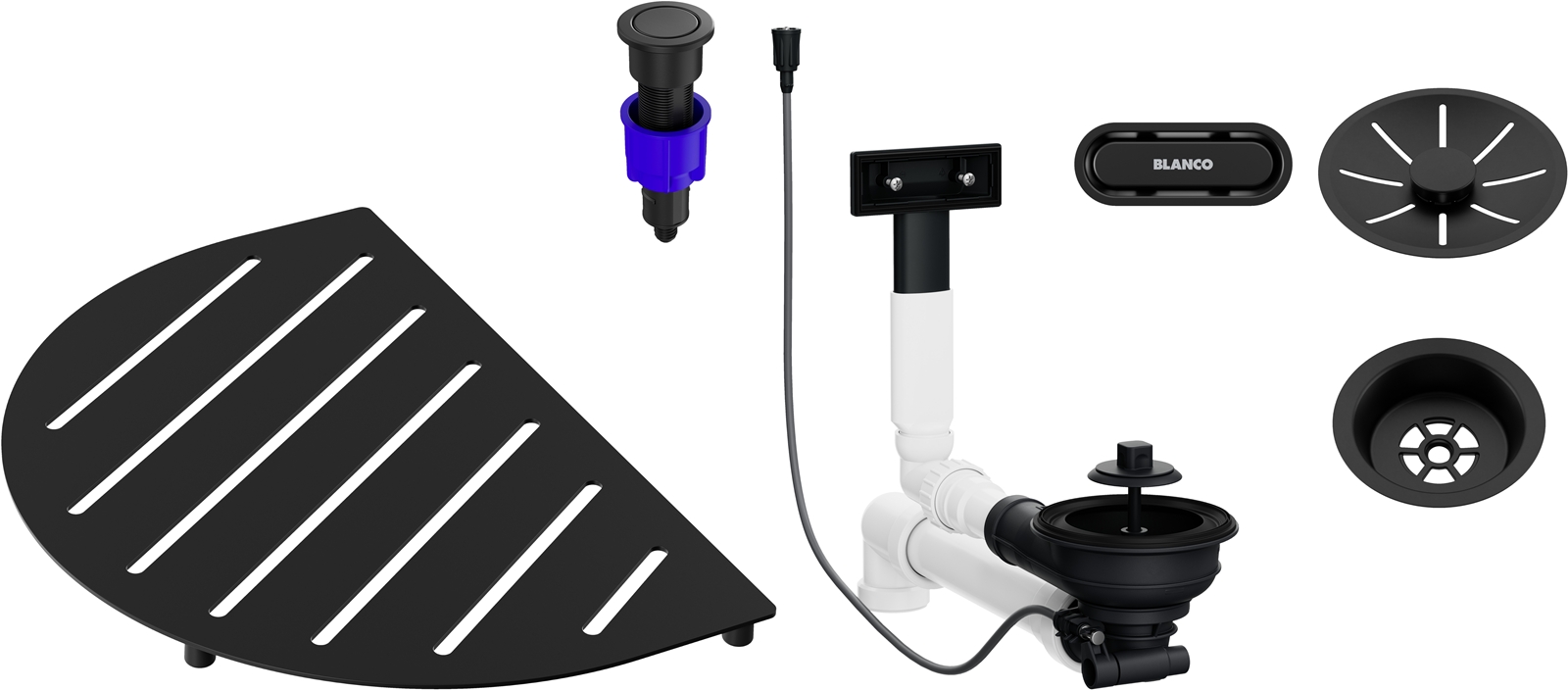 product image - Комплект з аксесуара до чаш OOVALON та відвідної арматури InFino з клапаном-автоматом та кошиковим вентилем 3 1/2", чорний матовий