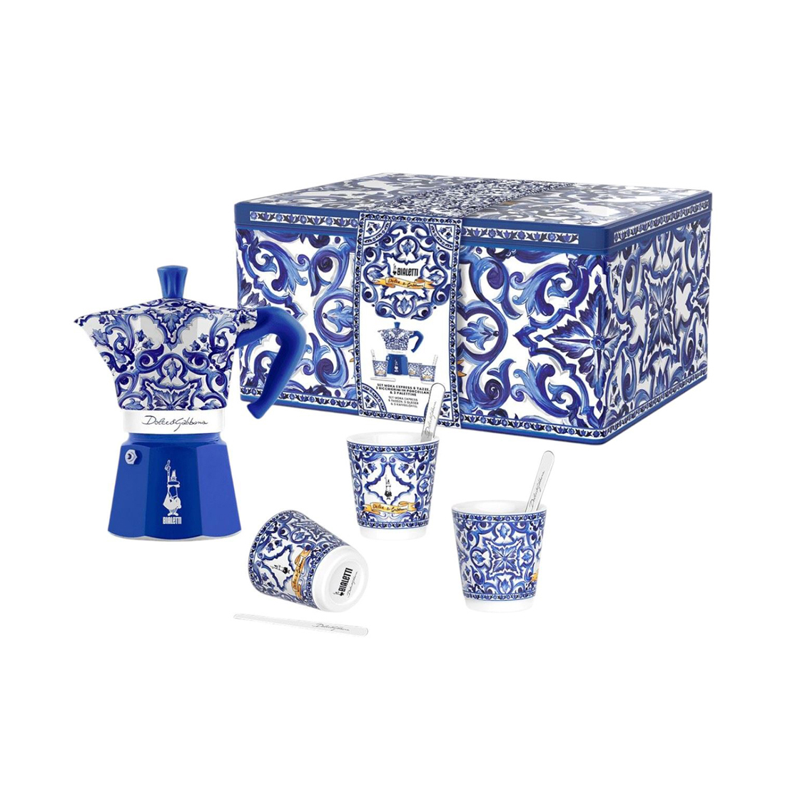 product image - Набір гейзерна кавоварка + чашки Bialetti Dolce&Gabbana Blu Mediterraneo, об'єм 0,27 л, 7 пр.