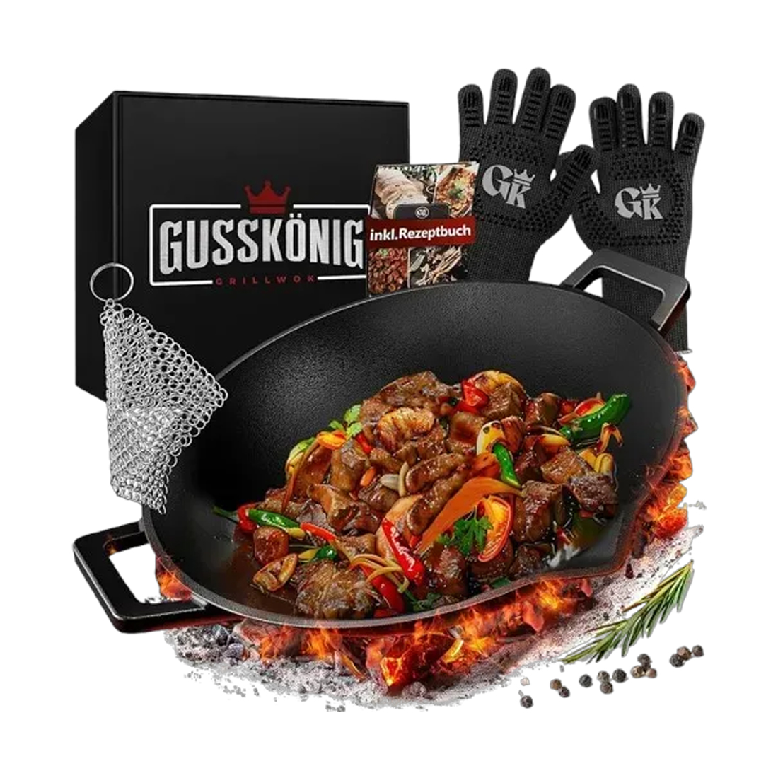 product image - Набор вок чугунный и аксессуары Weber Gusskoenig, диаметр 35 см, черный