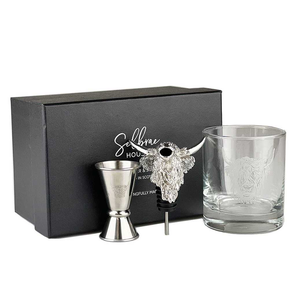 product image - Набір склянка для віскі 0,34 л та аксесуари Just Slate HIGHLAND COW, 3 предмети