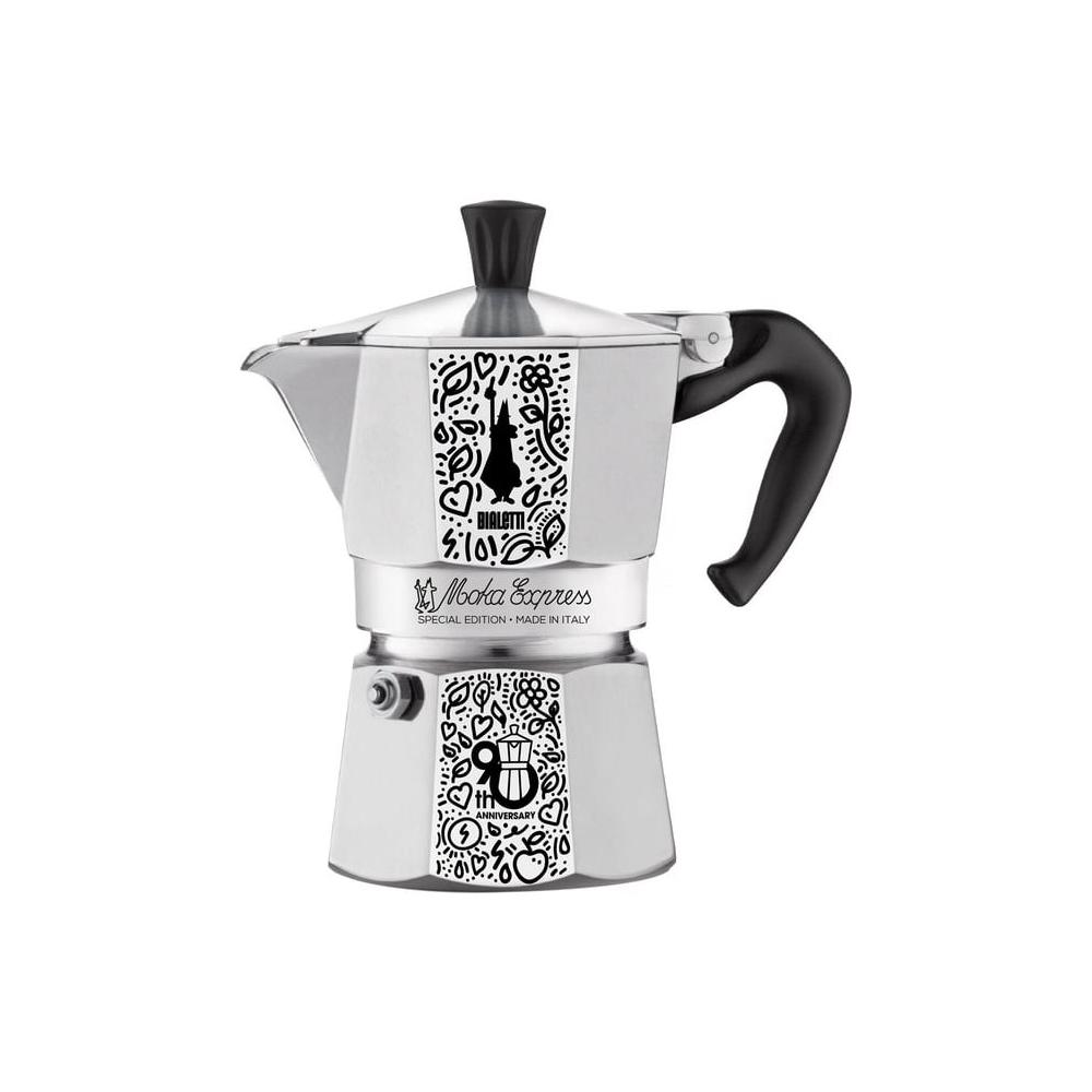 product image - Кавоварка гейзерна Bialetti MOKA EXPRESS_90TH ANNIVERSARY, на 3 чашки, сріблястий з малюнком