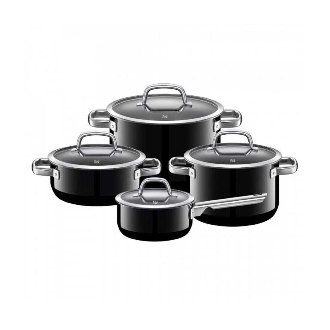 product image - Набір кухонного посуду WMF FUSIONTEC MINERAL: 3 каструлі (2,4 л, 3,7 л, 6,4 л) і сотейник (1,3 л) з кришками, чорний, 8 предметів