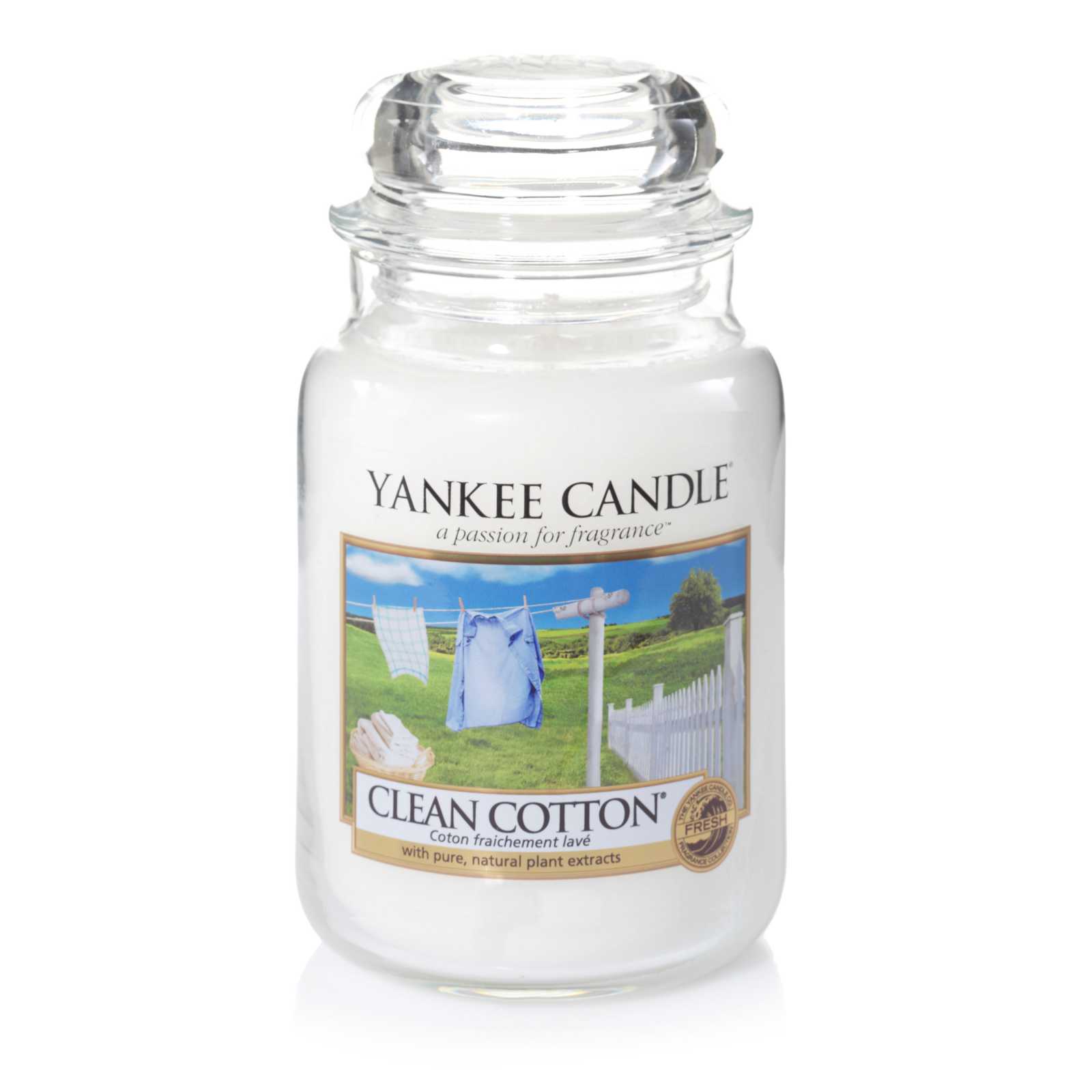 product image - Класична свічка у високій банці Yankee Candle CLEAN COTTON, з ароматом свіжості, білий