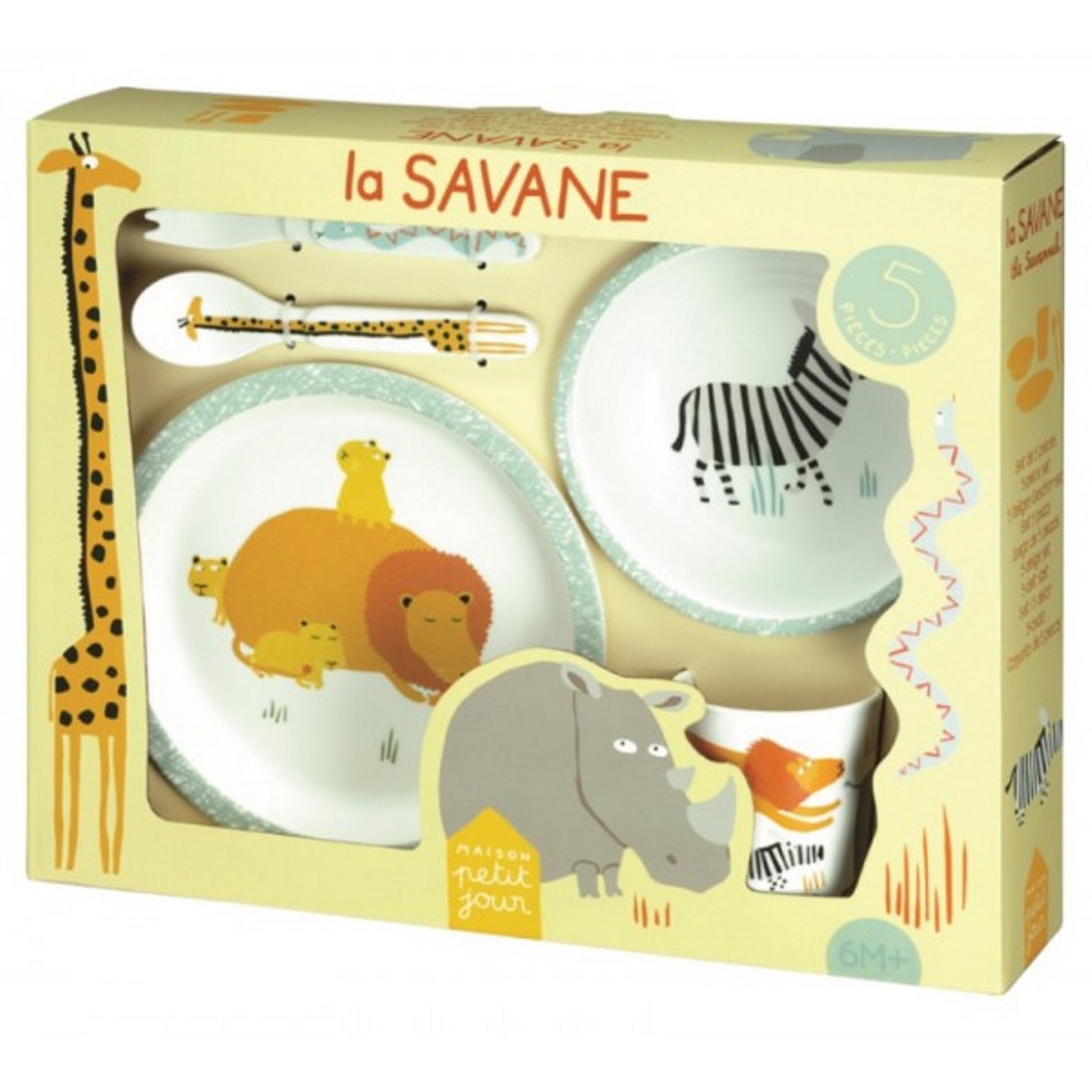 product image - Набір дитячого посуду Maison Petit Jour SAVANNAH, 5 предметів, білий з малюнком