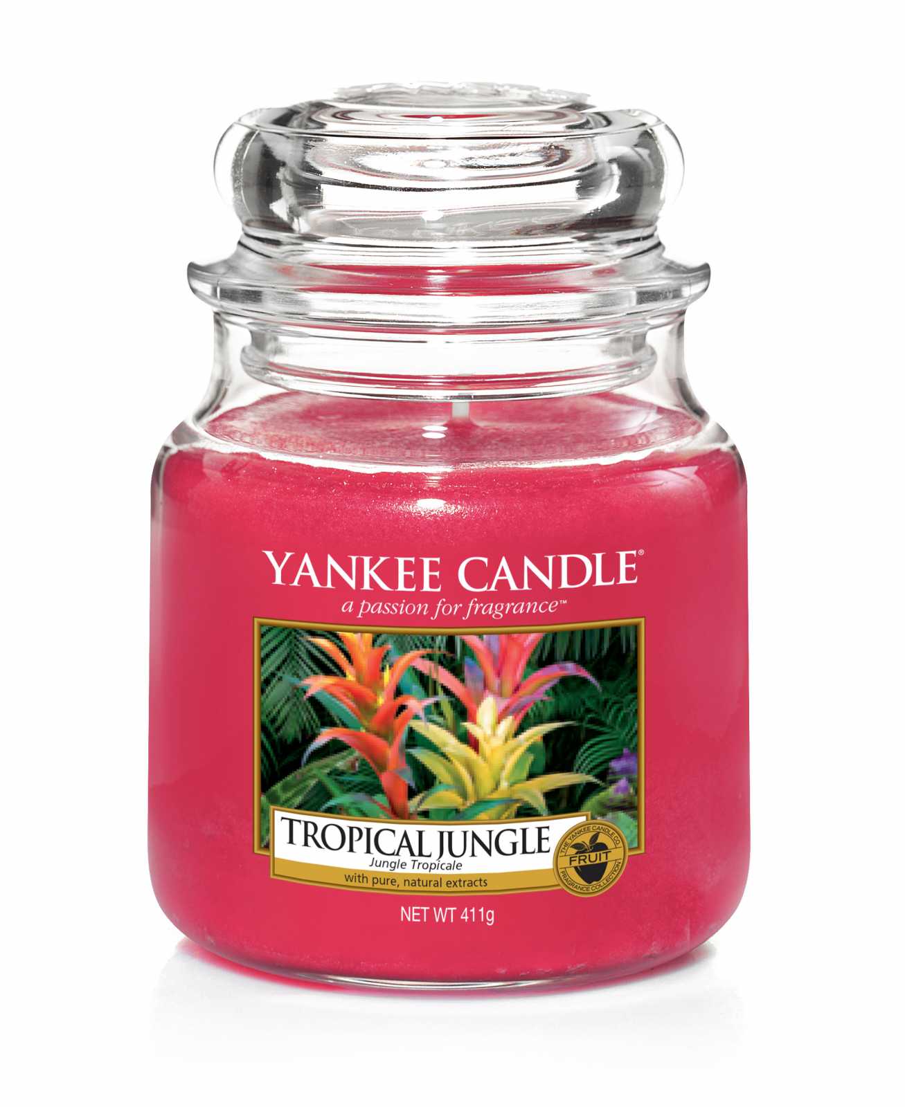 product image - Класична свічка в середній банці Yankee Candle TROPICAL JUNGLE, з ароматом тропічних фруктів, рожевий