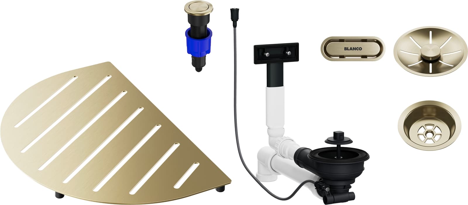 product image - Комплект з аксесуара до чаш OOVALON та відвідної арматури InFino з клапаном-автоматом та кошиковим вентилем 3 1/2", satin gold