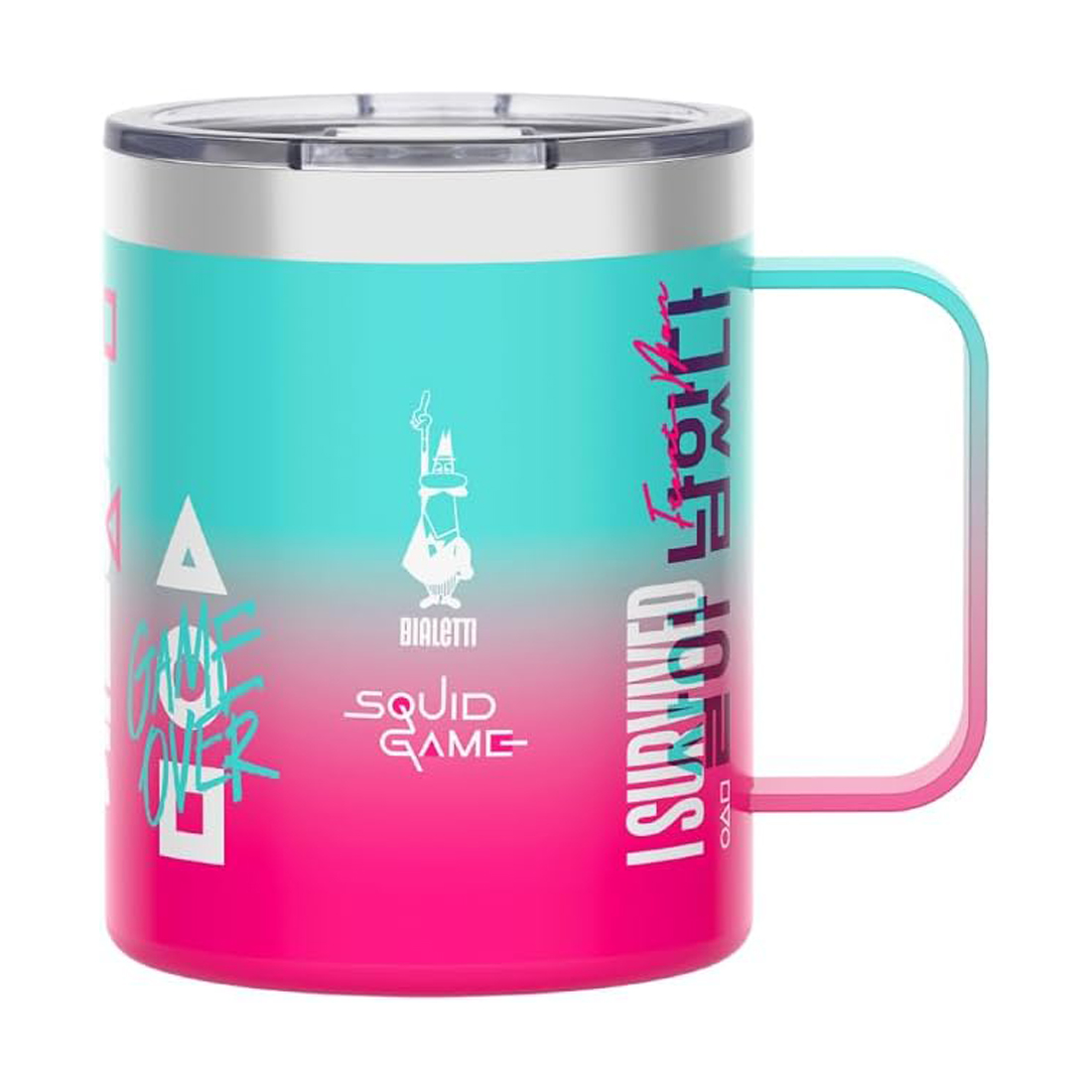 product image - Термокухоль з ручкою Bialetti Squid Game, об'єм 0,42 л, рожево-блакитний