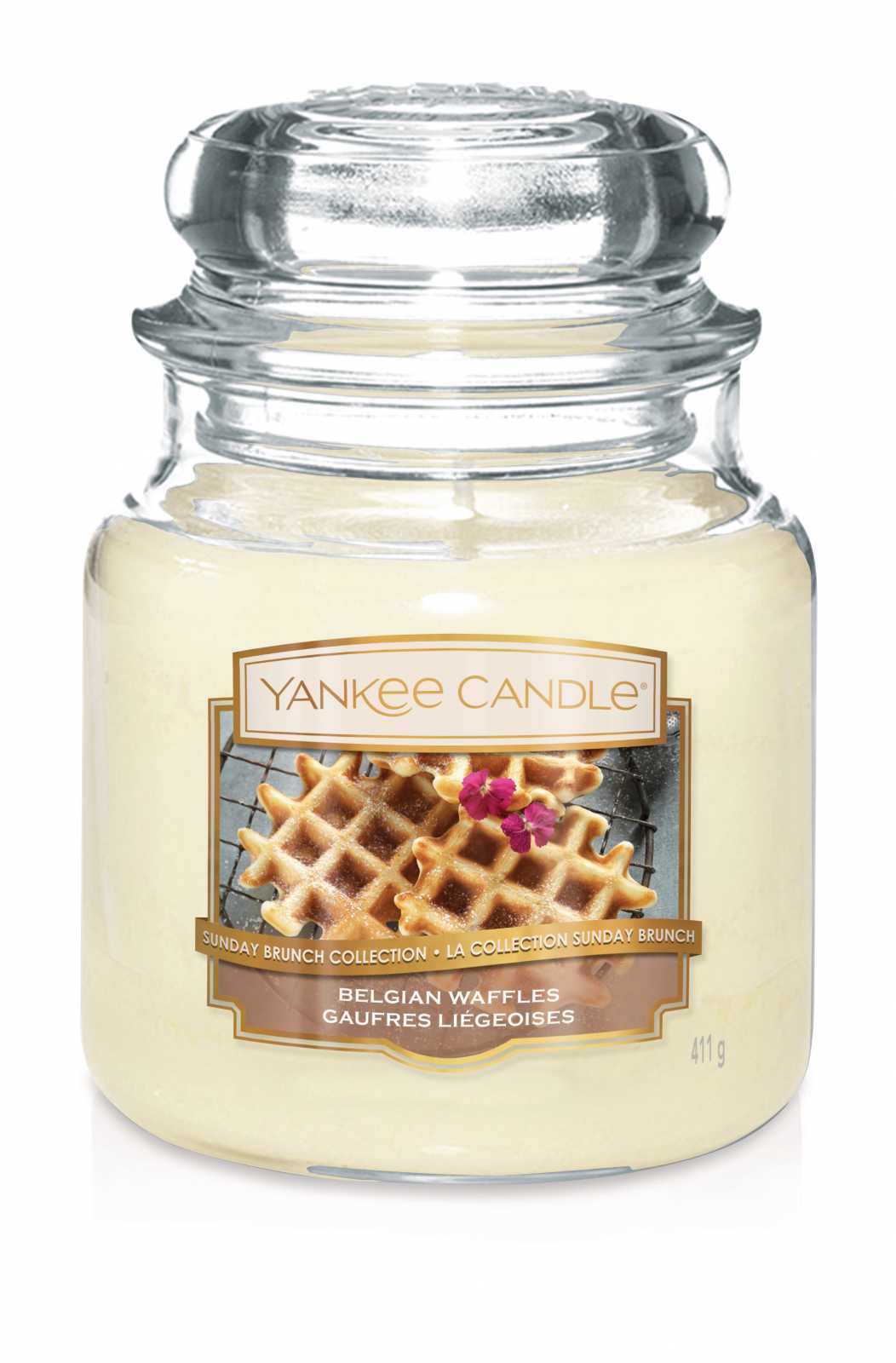 product image - Класична свічка в середній банці Yankee Candle BELGIAN WAFFLES, з ароматом горіхів і ванілі, світло-бежевий