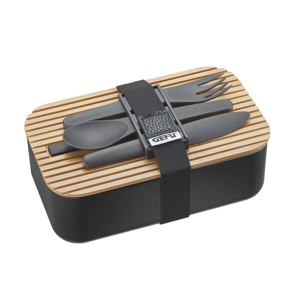 product image - Ланч-бокс з приладами GEFU ENVIRO, 19,5х12х7 см, об'єм 1 л, чорний з бежевим
